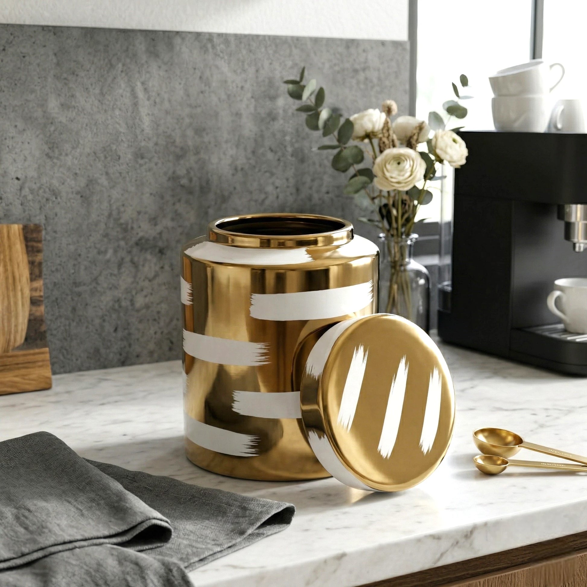 Big golden stroke jar, lid off, kitchen