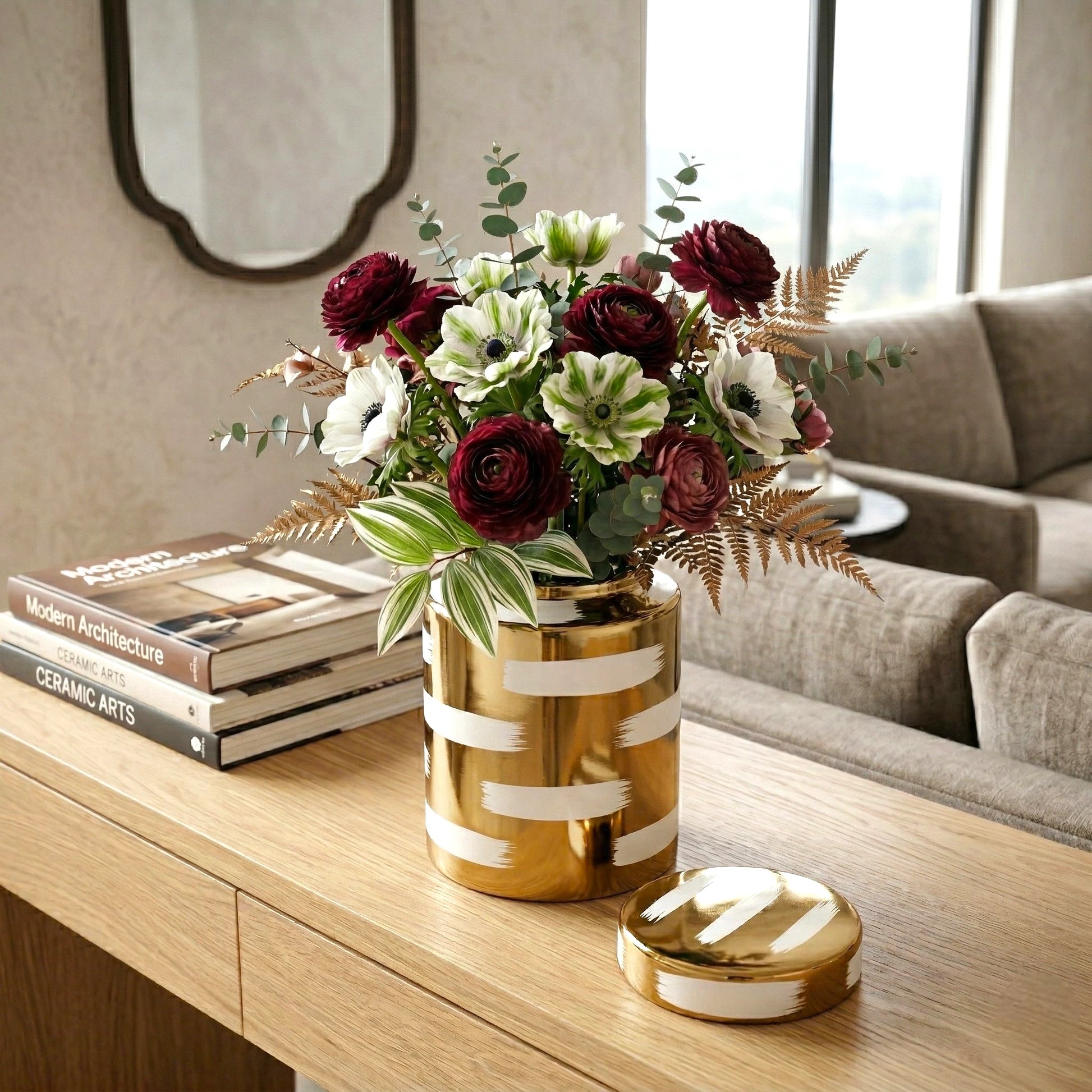 Golden stroke jar on oak w/ anemone bouquet