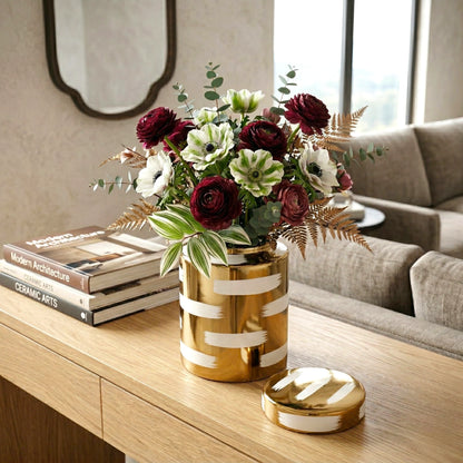 Golden stroke jar on oak w/ anemone bouquet