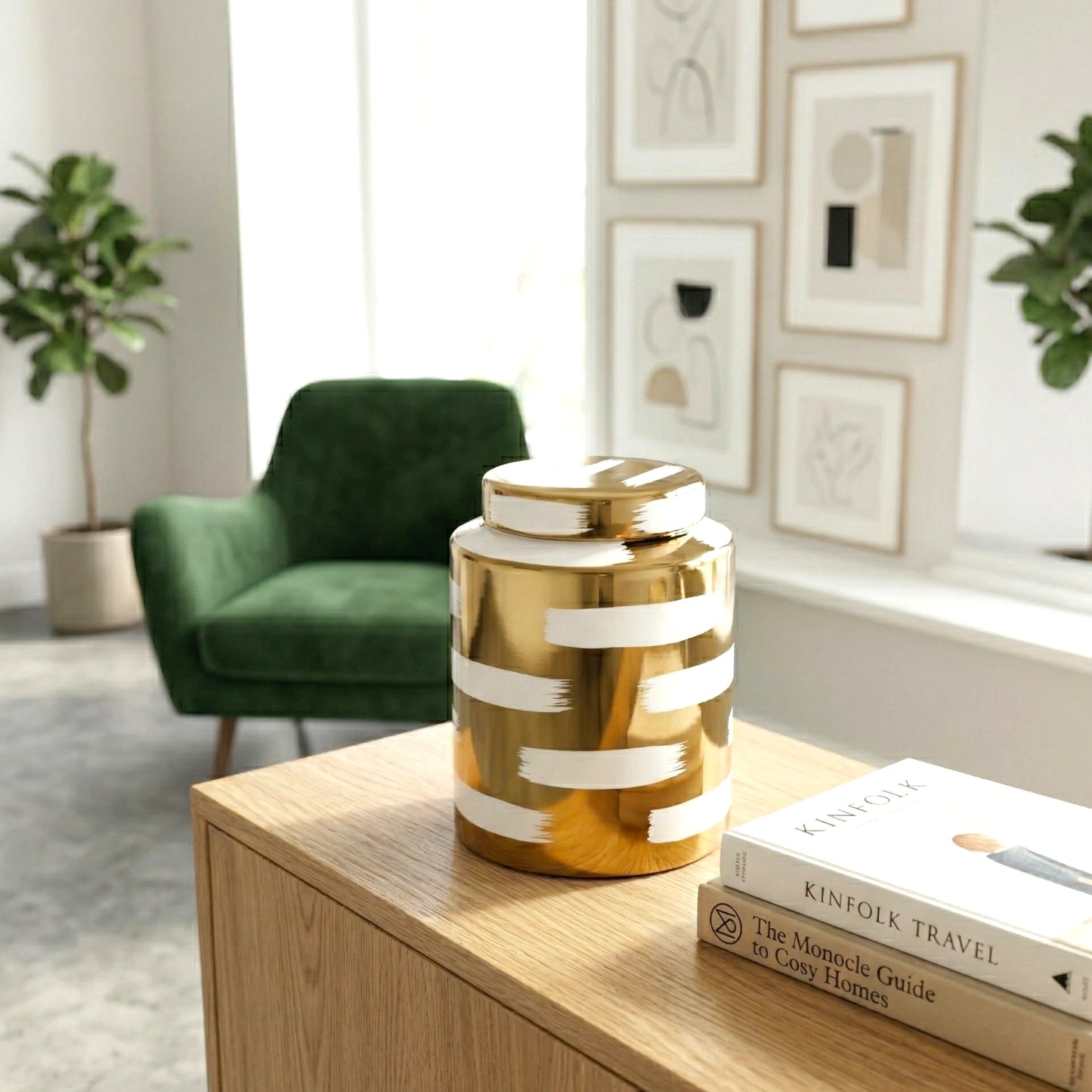 Golden stroke jar by emerald velvet chair