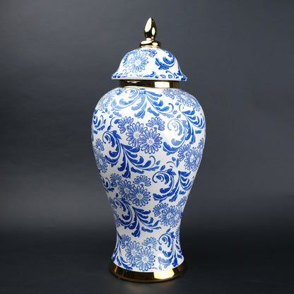 Blue and white ceramic jar with floral design and lid for home decor styling