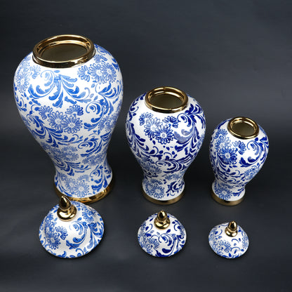 Blue and white ceramic jar with floral design and lid for home decor styling