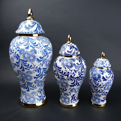 Blue and white ceramic jar with floral design and lid for home decor styling