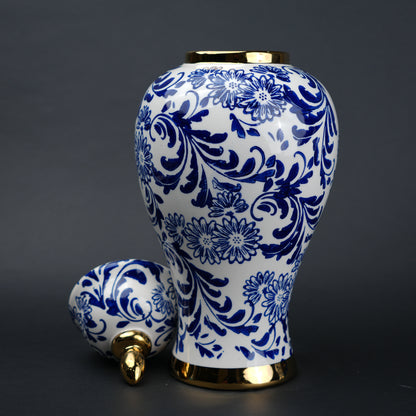 Blue and white ceramic jar with floral design and lid for home decor styling
