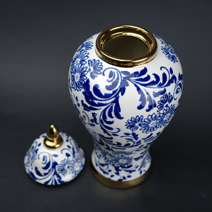 Blue and white ceramic jar with floral design and lid for home decor styling