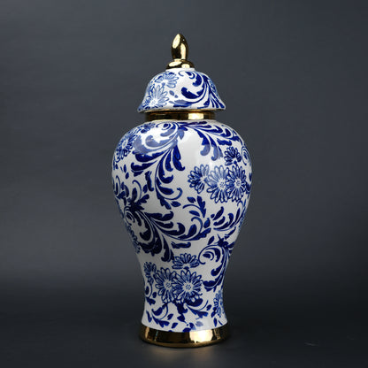 Blue and white ceramic jar with floral design and lid for home decor styling