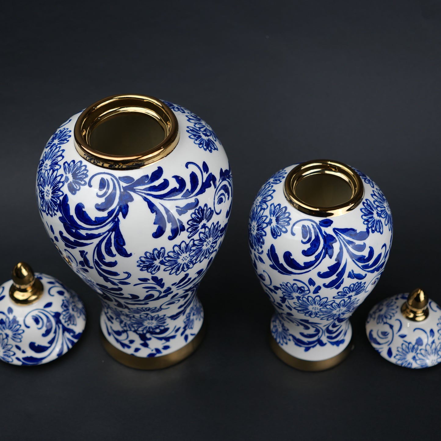 Blue and white ceramic jar with floral design and lid for home decor styling