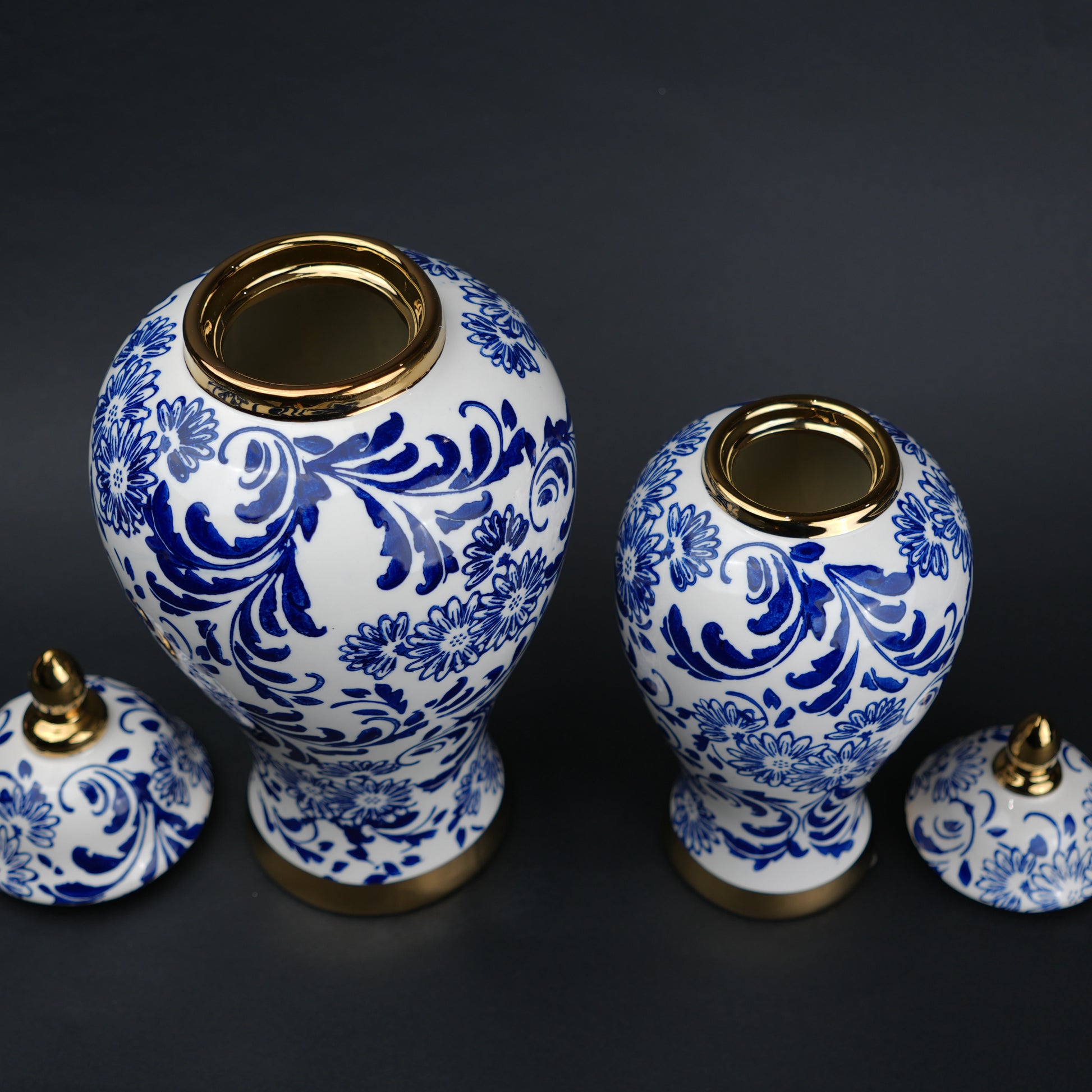 Blue and white ceramic jar with floral design and lid for home decor styling