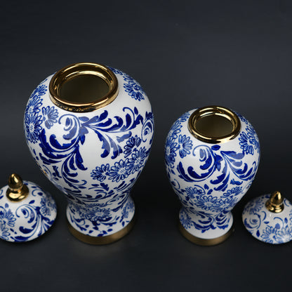 Blue and white ceramic jar with floral design and lid for home decor styling