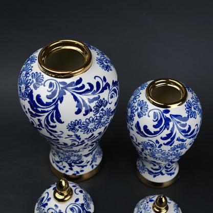 Blue and white ceramic jar with floral design and lid for home decor styling