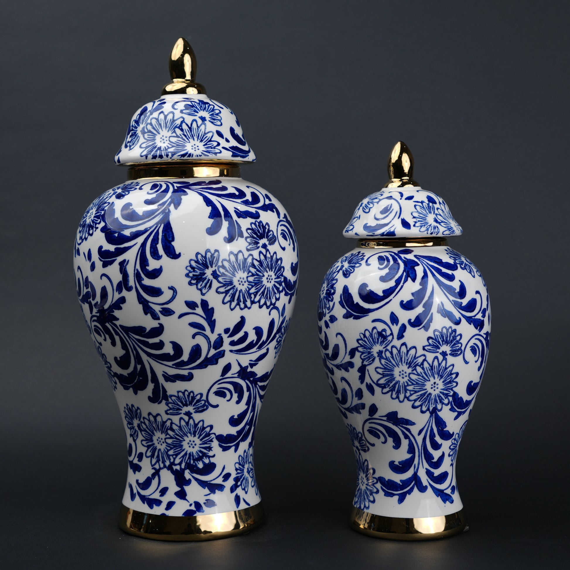 Blue and white ceramic jar with floral design and lid for home decor styling