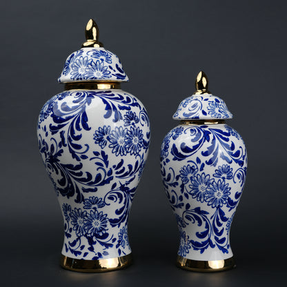 Blue and white ceramic jar with floral design and lid for home decor styling
