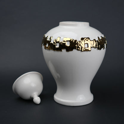 White ceramic jar with gold band detailing and lid for modern home decor styling