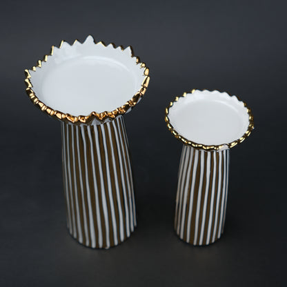 White ceramic candle holder with gold scalloped rim and fluted base for modern home decor styling