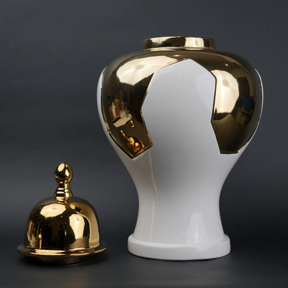 White and gold ceramic jar with lid for home decor styling and flower vase use