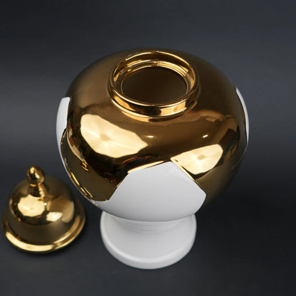 White and gold ceramic jar with lid for home decor styling and flower vase use