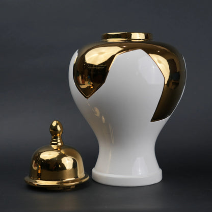 White and gold ceramic jar with lid for home decor styling and flower vase use