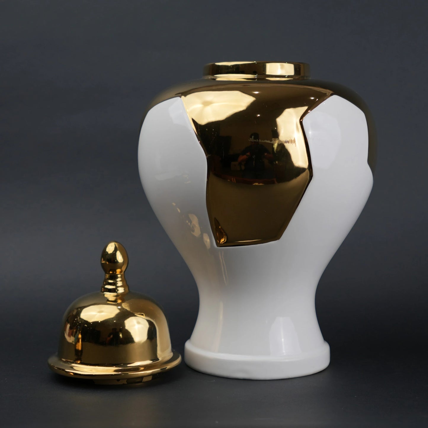 White and gold ceramic jar with lid for home decor styling and flower vase use