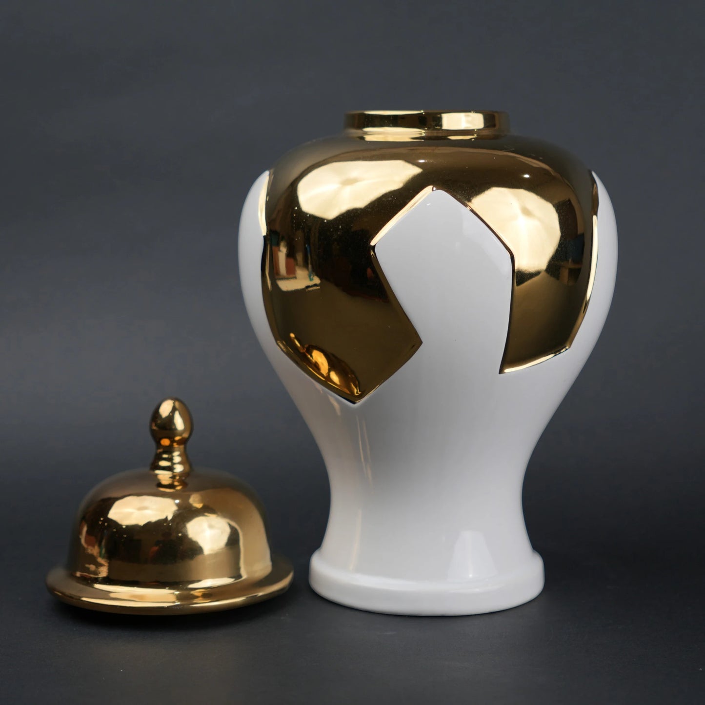 White and gold ceramic jar with lid for home decor styling and flower vase use