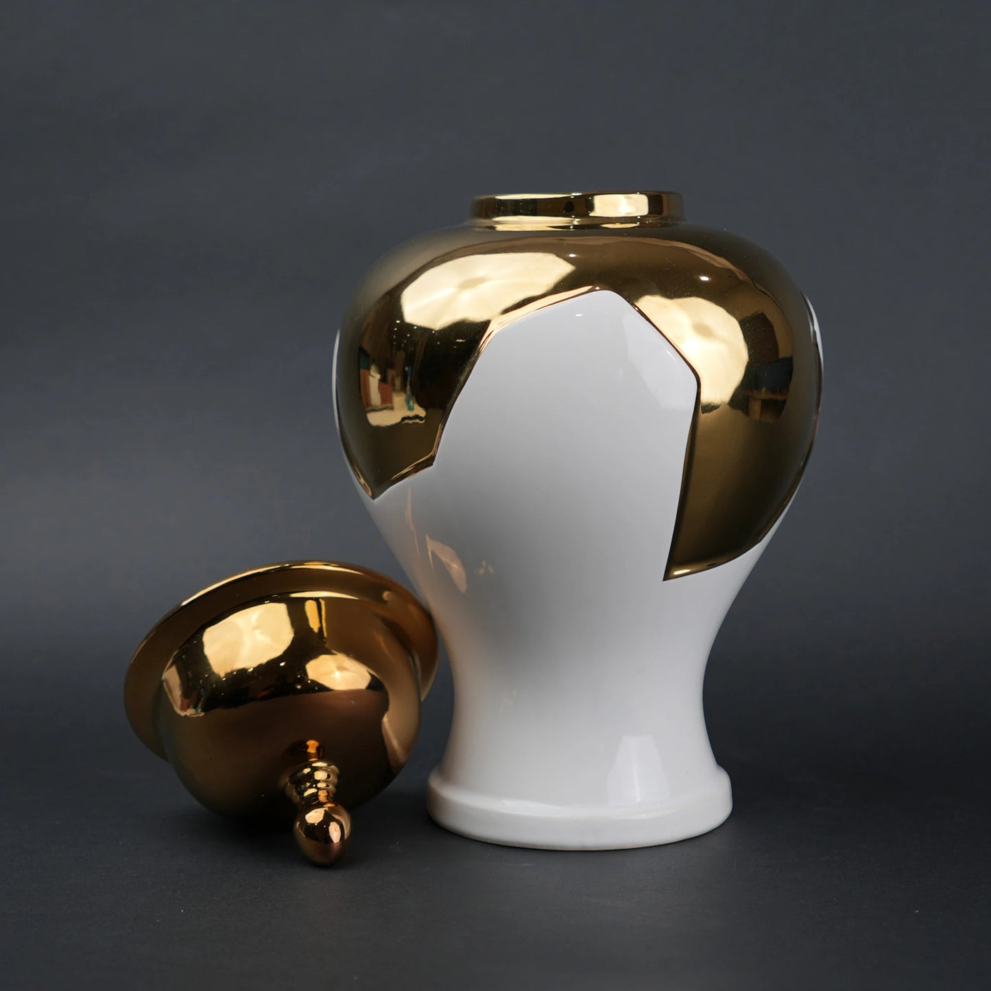White and gold ceramic jar with lid for home decor styling and flower vase use