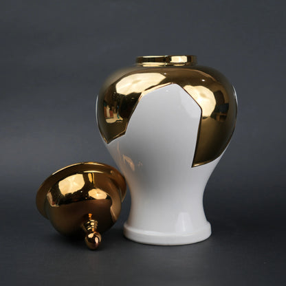 White and gold ceramic jar with lid for home decor styling and flower vase use