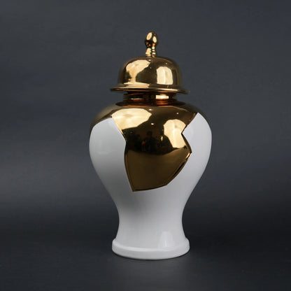 White and gold ceramic jar with lid for home decor styling and flower vase use
