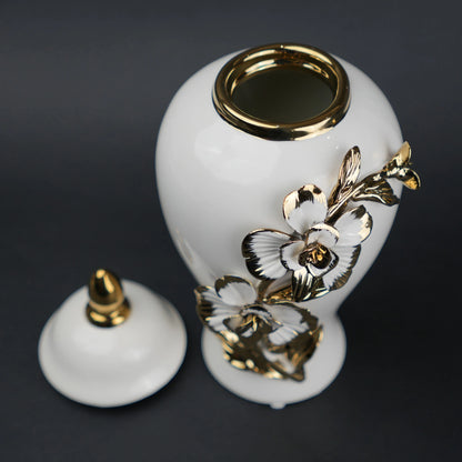 White ceramic jar with gold floral design decorative jar with lid for modern home decor styling