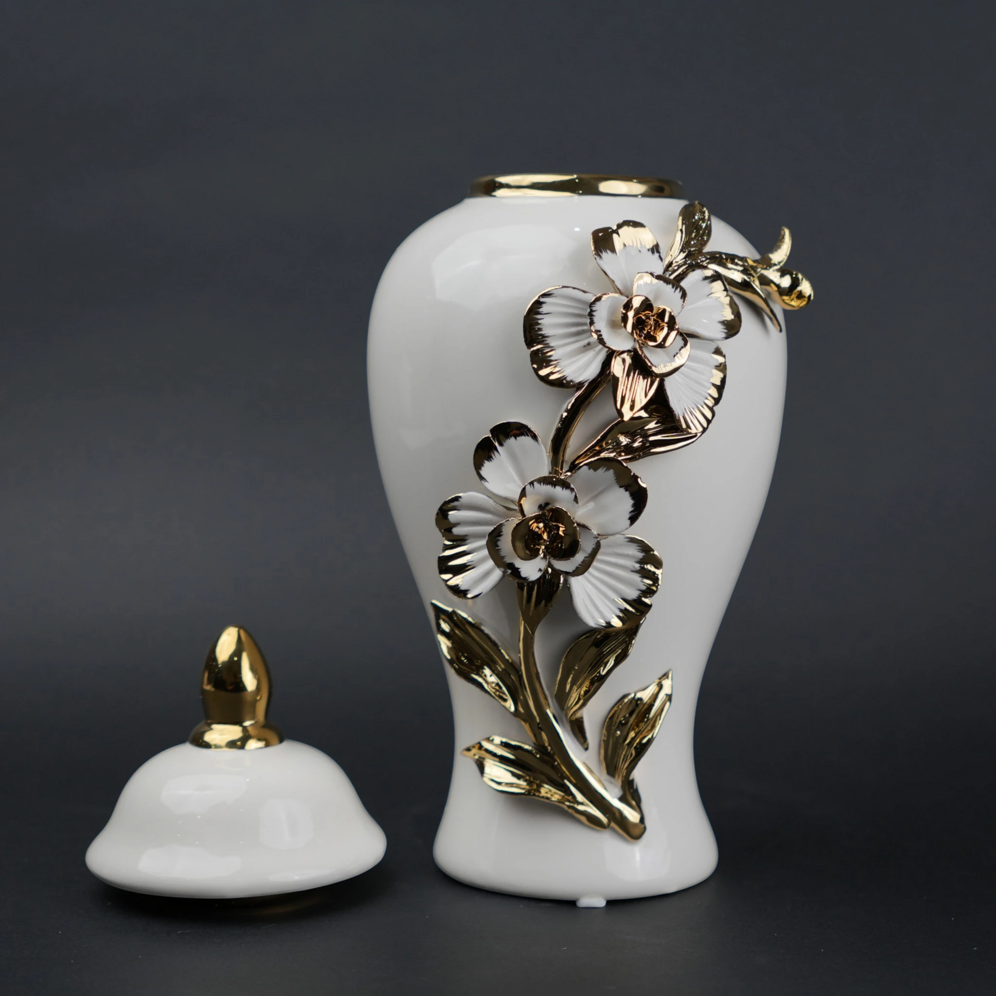 White ceramic jar with gold floral design decorative jar with lid for modern home decor styling