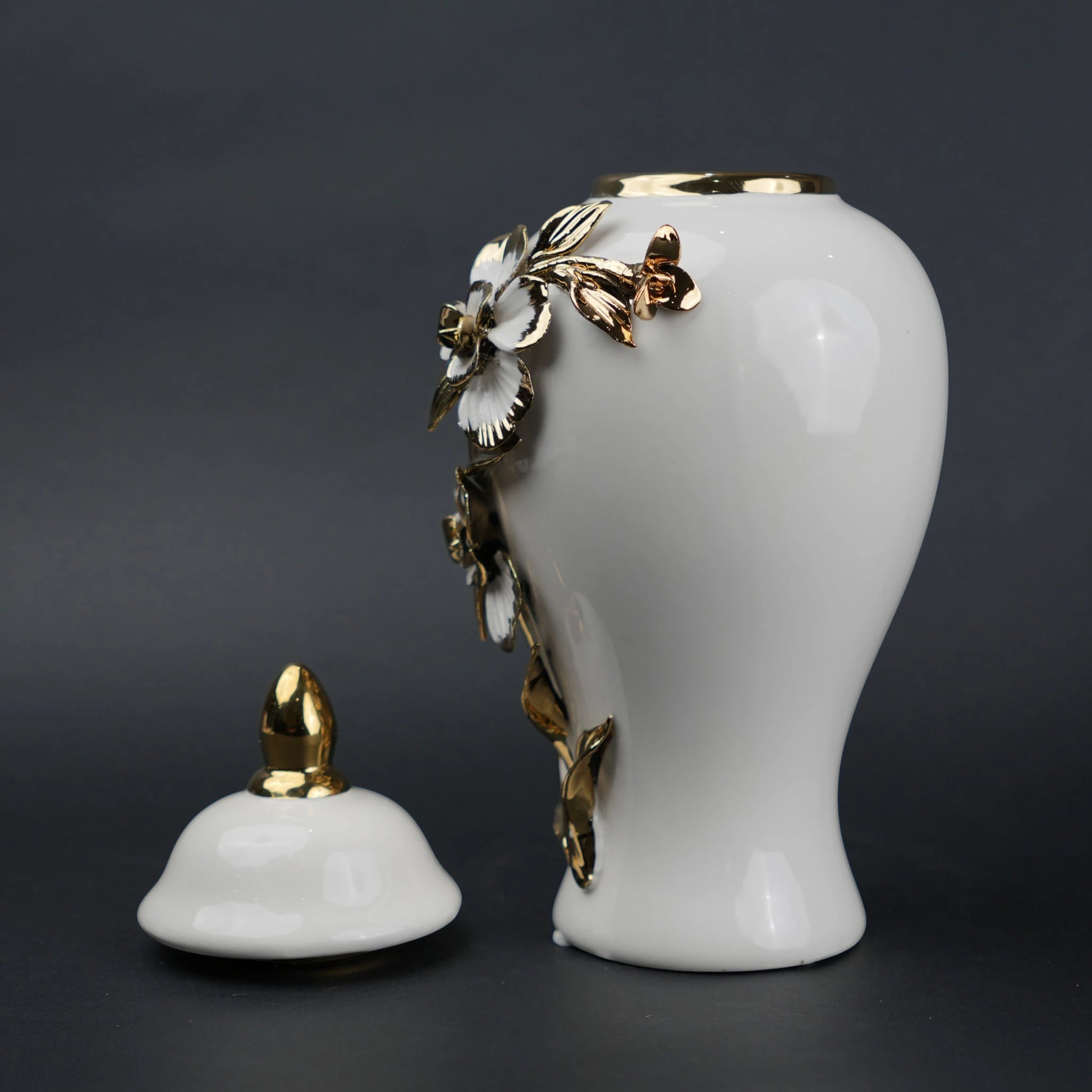 White ceramic jar with gold floral design decorative jar with lid for modern home decor styling