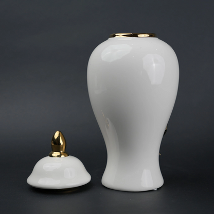 White ceramic jar with gold floral design decorative jar with lid for modern home decor styling