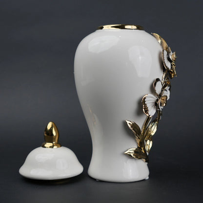White ceramic jar with gold floral design decorative jar with lid for modern home decor styling