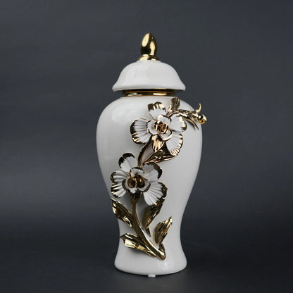 White ceramic jar with gold floral design decorative jar with lid for modern home decor styling