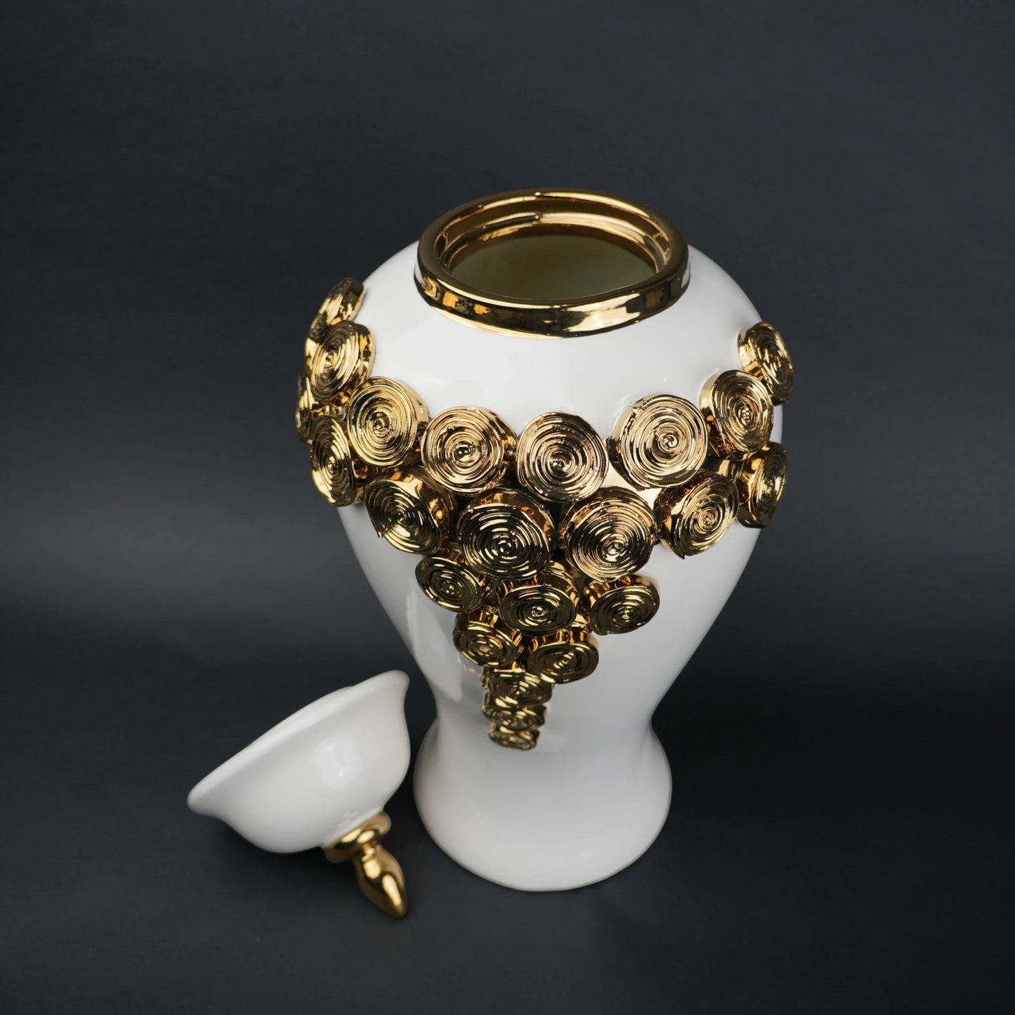 White ceramic jar with gold textured detailing decorative jar with lid for modern home decor