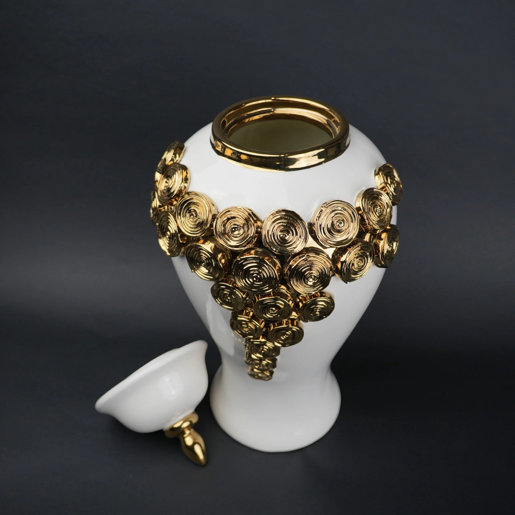 White ceramic jar with gold textured detailing decorative jar with lid for modern home decor