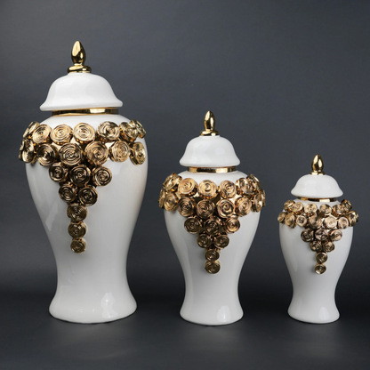 White ceramic jar with gold textured detailing decorative jar with lid for modern home decor