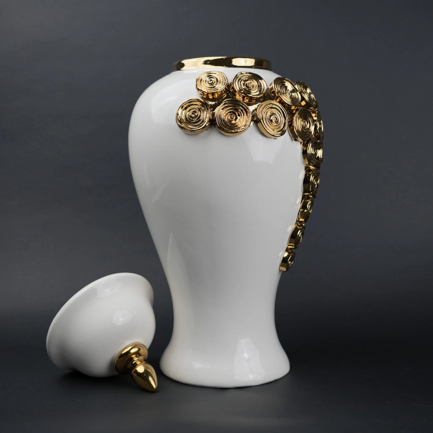 White ceramic jar with gold textured detailing decorative jar with lid for modern home decor