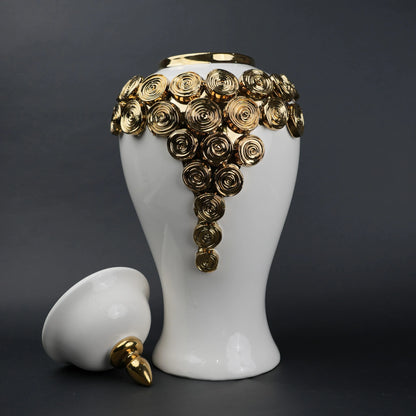White ceramic jar with gold textured detailing decorative jar with lid for modern home decor