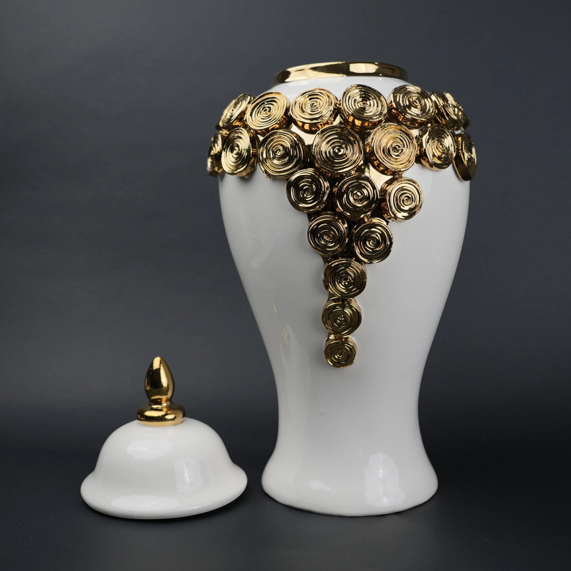 White ceramic jar with gold textured detailing decorative jar with lid for modern home decor