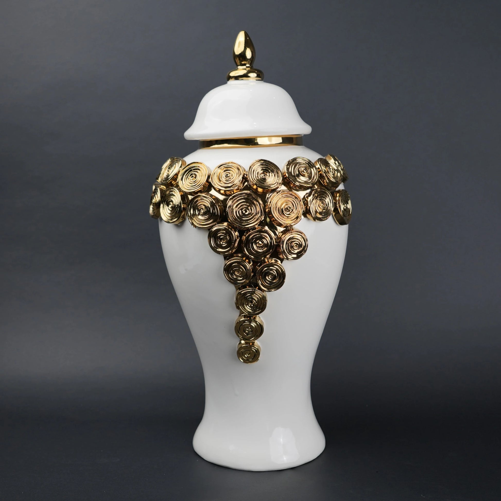 White ceramic jar with gold textured detailing decorative jar with lid for modern home decor
