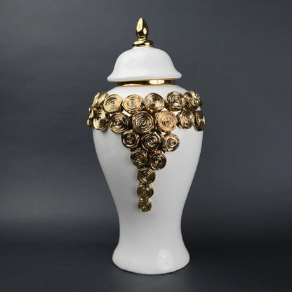 White ceramic jar with gold textured detailing decorative jar with lid for modern home decor