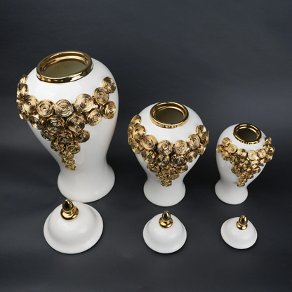 White ceramic jar with gold textured detailing decorative jar with lid for modern home decor