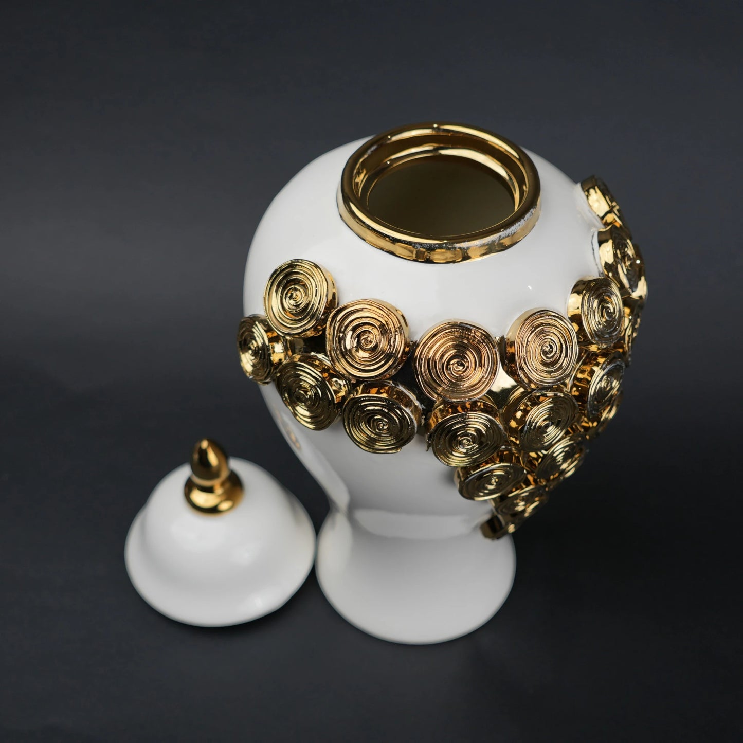 White ceramic jar with gold textured detailing decorative jar with lid for modern home decor