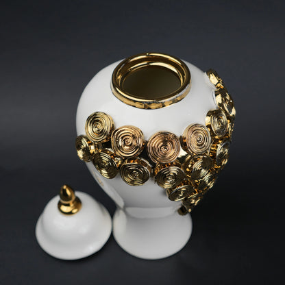 White ceramic jar with gold textured detailing decorative jar with lid for modern home decor