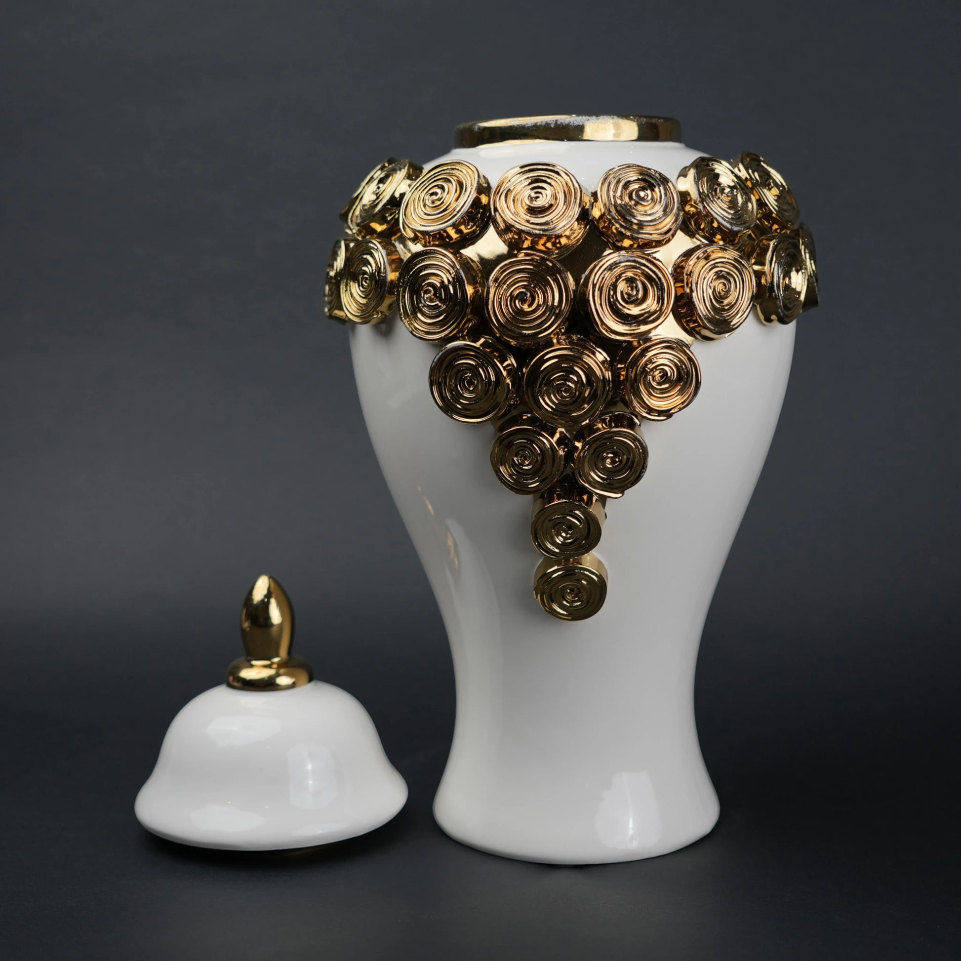 White ceramic jar with gold textured detailing decorative jar with lid for modern home decor