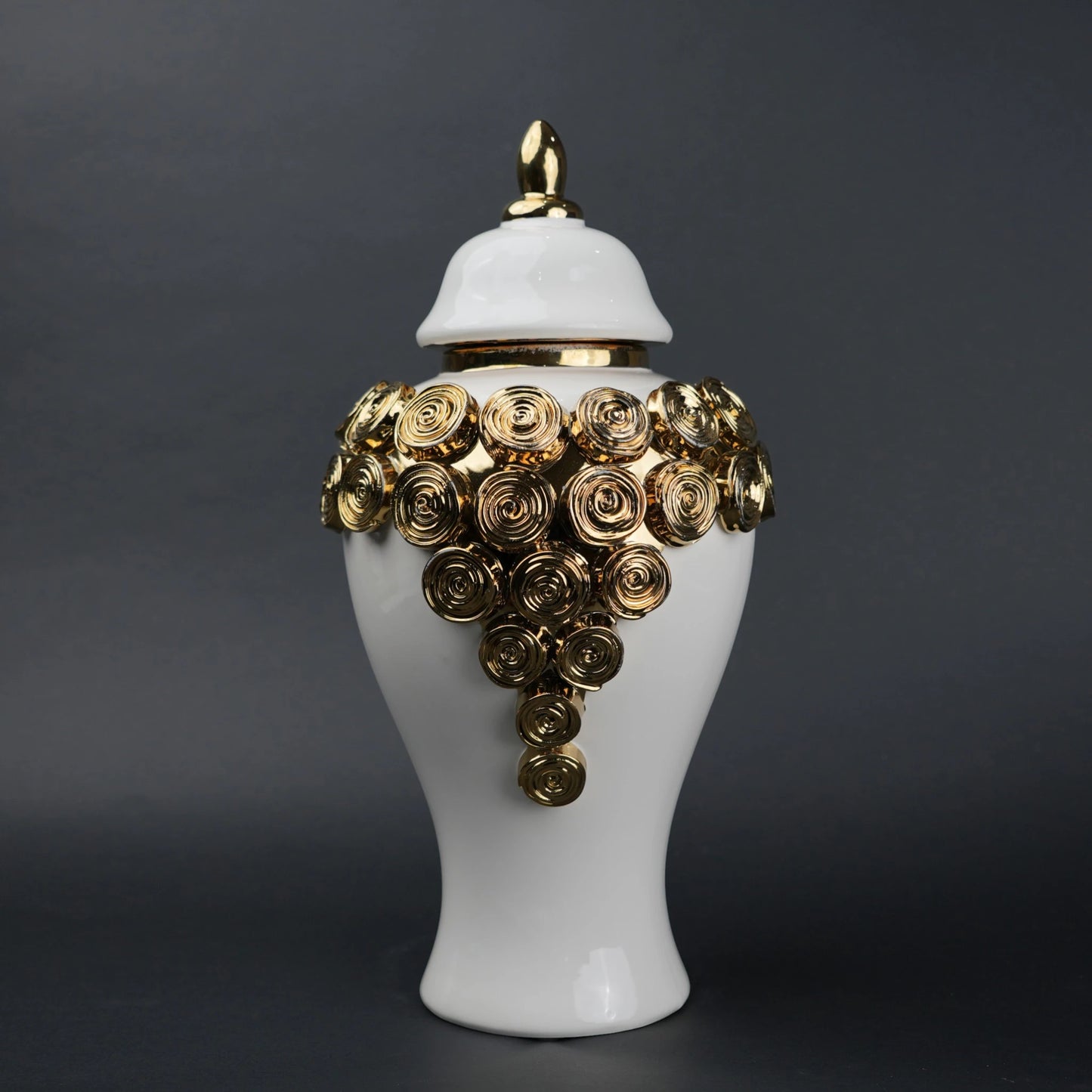 White ceramic jar with gold textured detailing decorative jar with lid for modern home decor