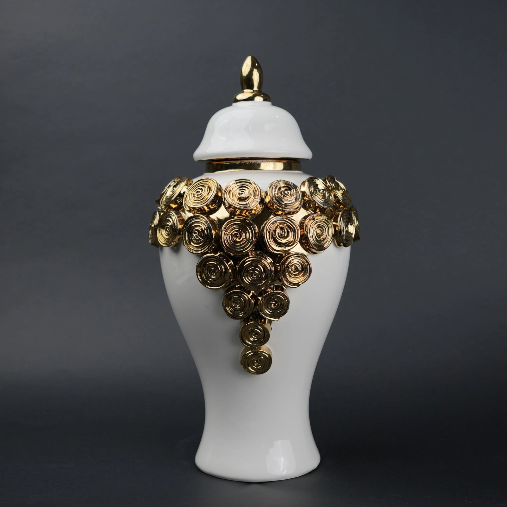 White ceramic jar with gold textured detailing decorative jar with lid for modern home decor