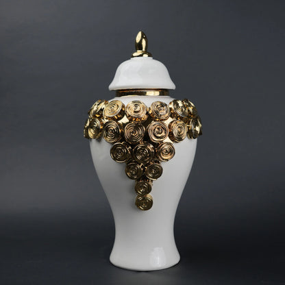 White ceramic jar with gold textured detailing decorative jar with lid for modern home decor