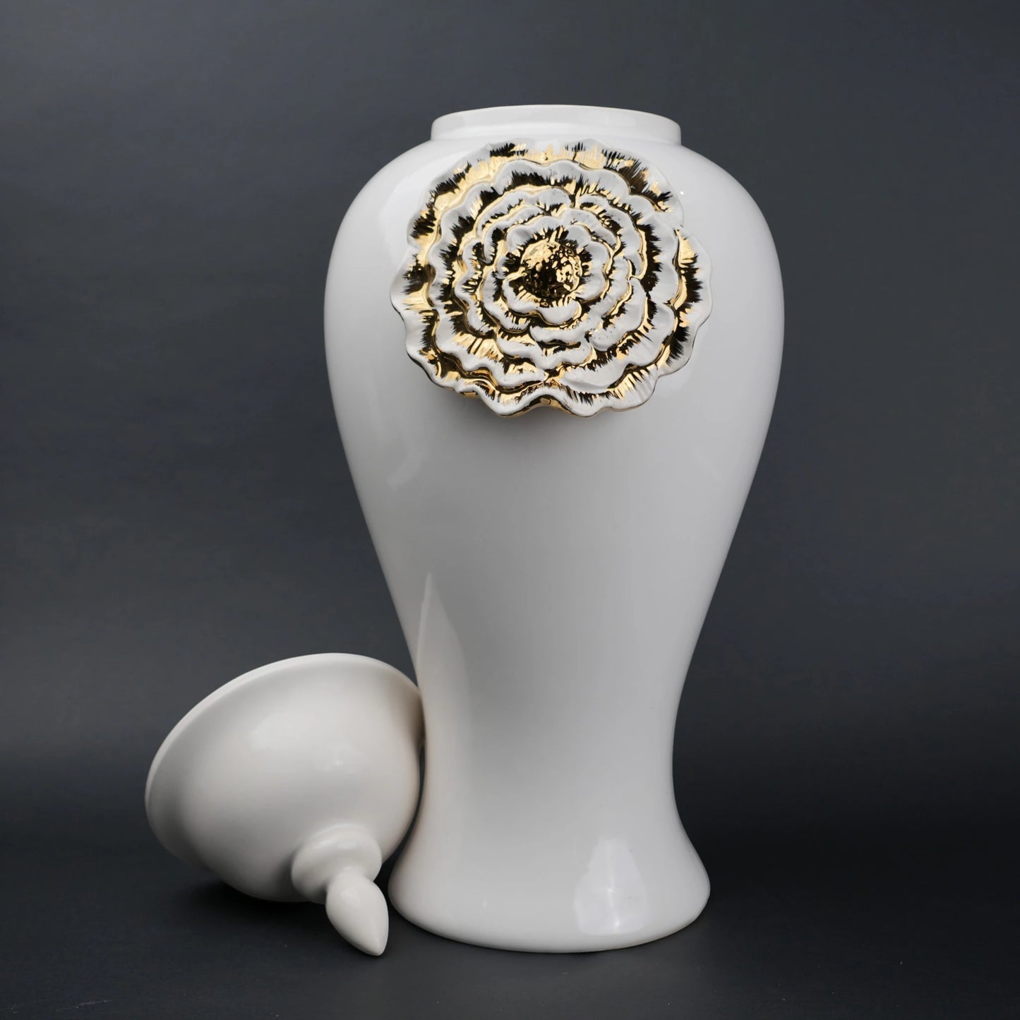 White ceramic jar with gold floral detail decorative jar with lid for modern home decor styling