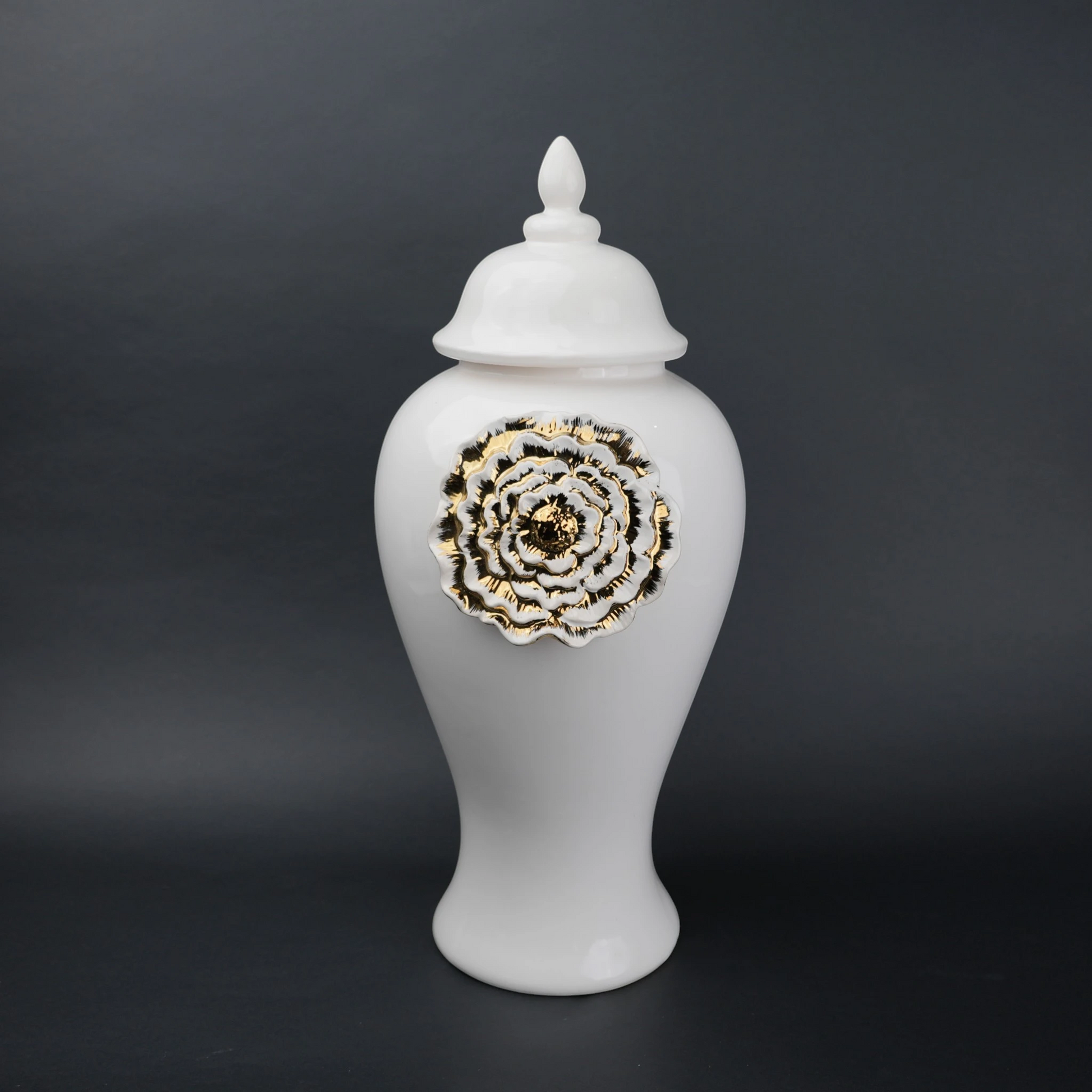 White ceramic jar with gold floral detail decorative jar with lid for modern home decor styling