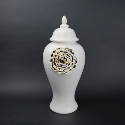 White ceramic jar with gold floral detail decorative jar with lid for modern home decor styling
